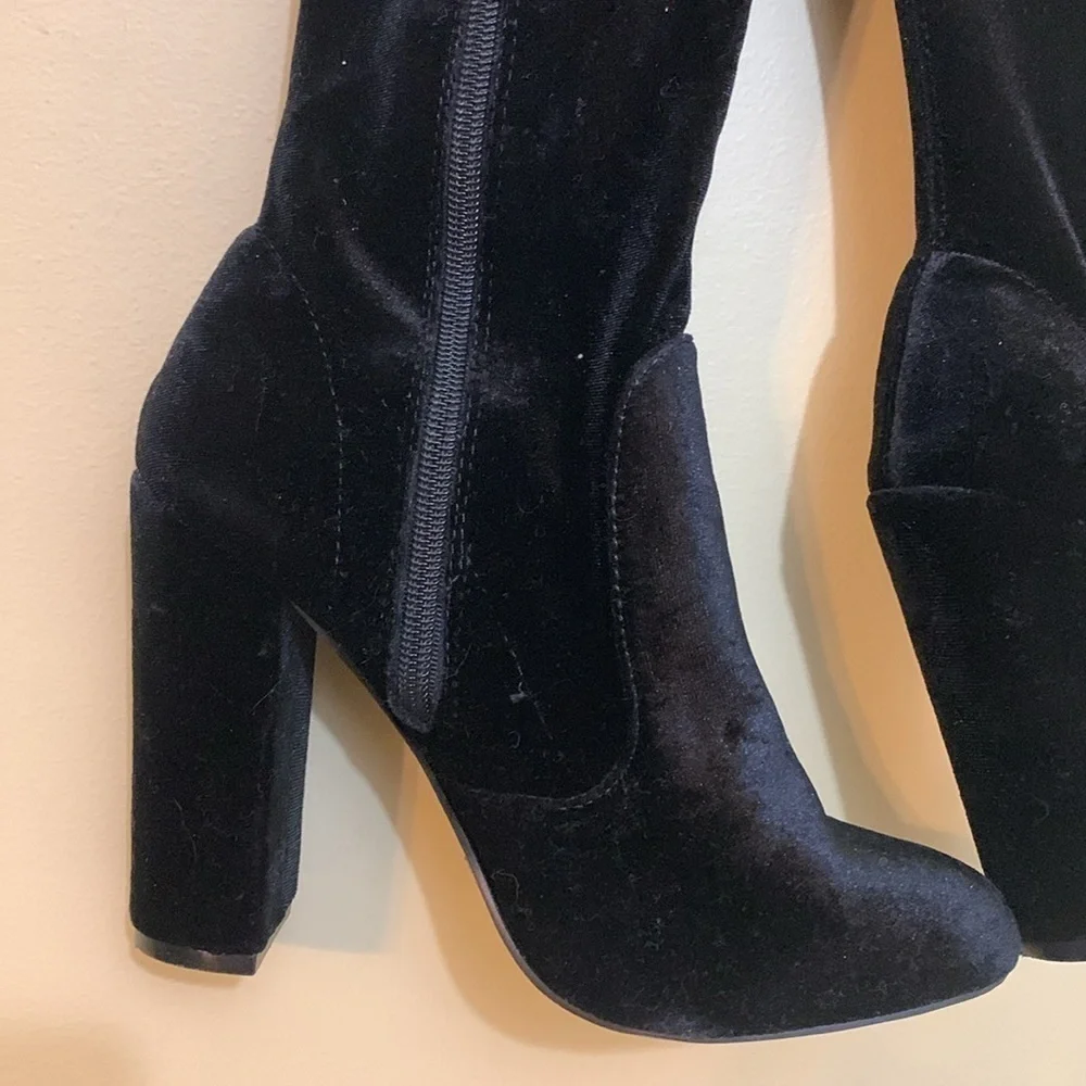 JustFab Thigh High Black Leona Lace Up Zipper Velvet Heeled Boots 5.5 US / 36 EU
